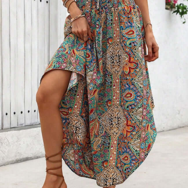 Boho asymmetrical ladies printed skirt in vibrant patterns, perfect for Bohemian style enthusiasts. Long, regular fit, non-stretch fabric.