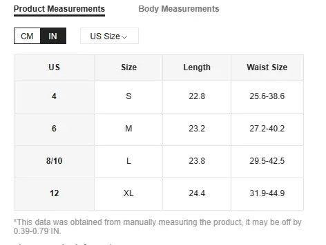 Ladies Printed Skirt size chart showing US sizes (4-12), small to extra-large, with length and waist measurements in inches.