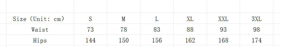 Size chart for linen stretch trousers showing waist and hips measurements from S to 3XL.