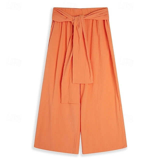 Orange Linen Stretch Trousers with tie waist, offering style and comfort for casual outings. Perfect for modern and versatile wear.