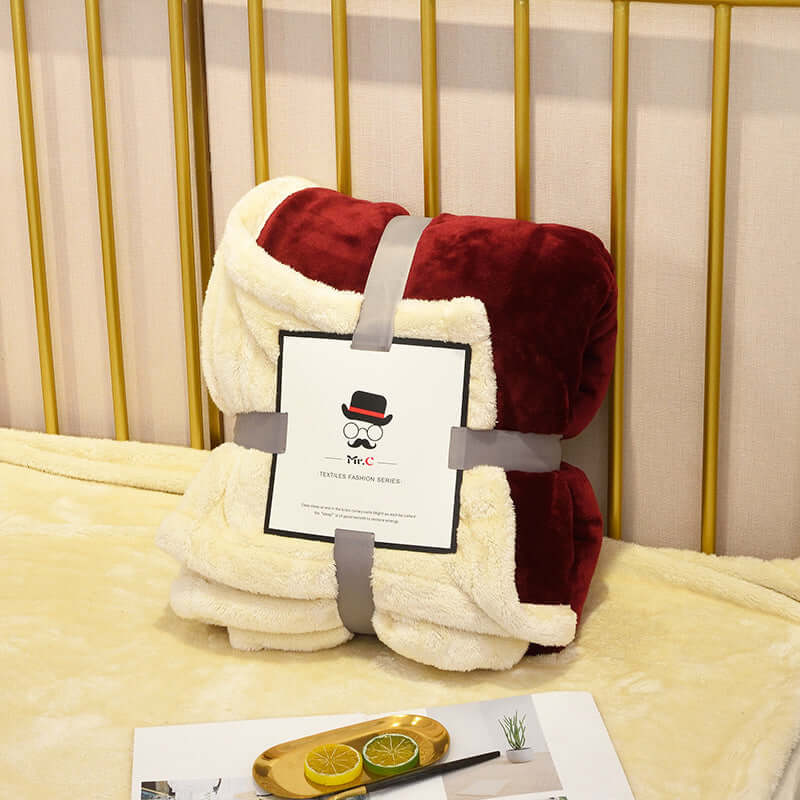 Flannel Plush Blanket folded and displayed on a cozy bed, showcasing rich red and cream colors, perfect for warmth.