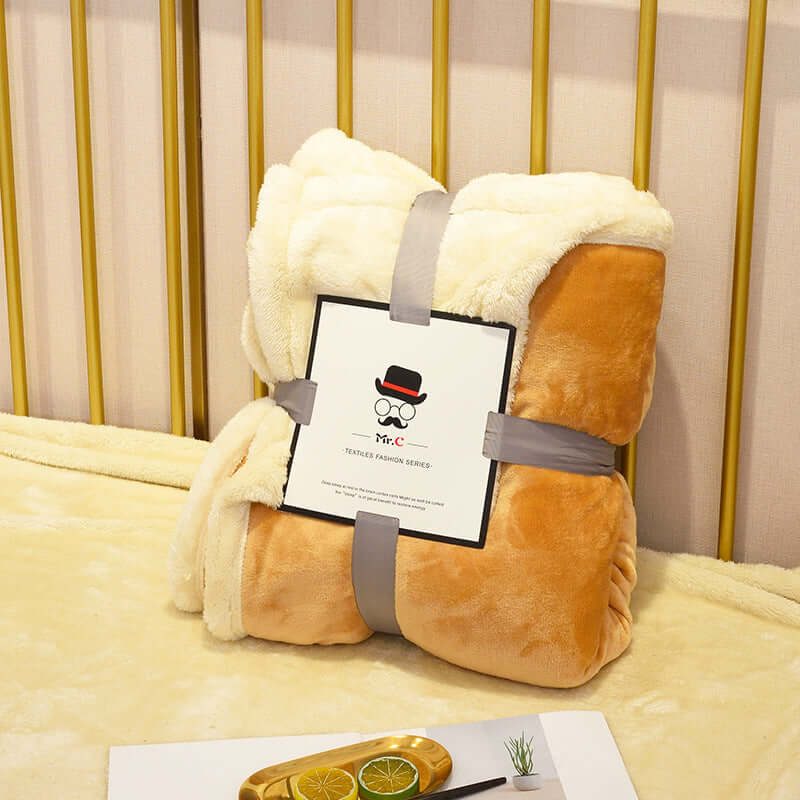 Flannel Plush Blanket folded and displayed with a tag, perfect for cozying up on cold nights.