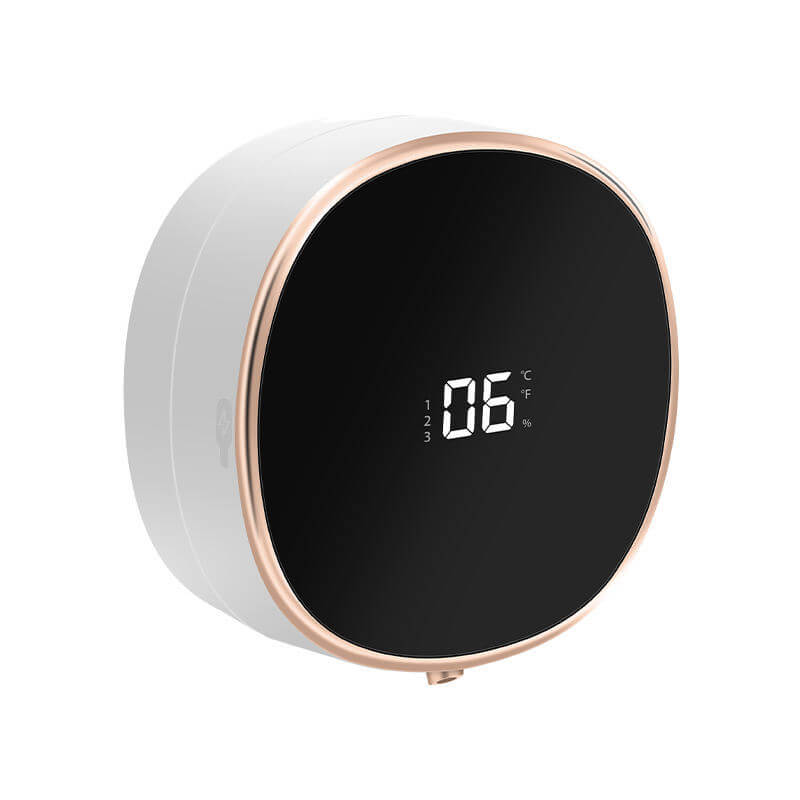 Modern round digital clock with temperature display and stylish gold trim.