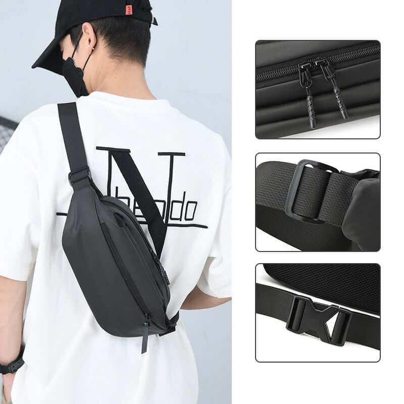 Black high capacity waist bag shown worn by a person, featuring close-up views of zipper and buckle details.