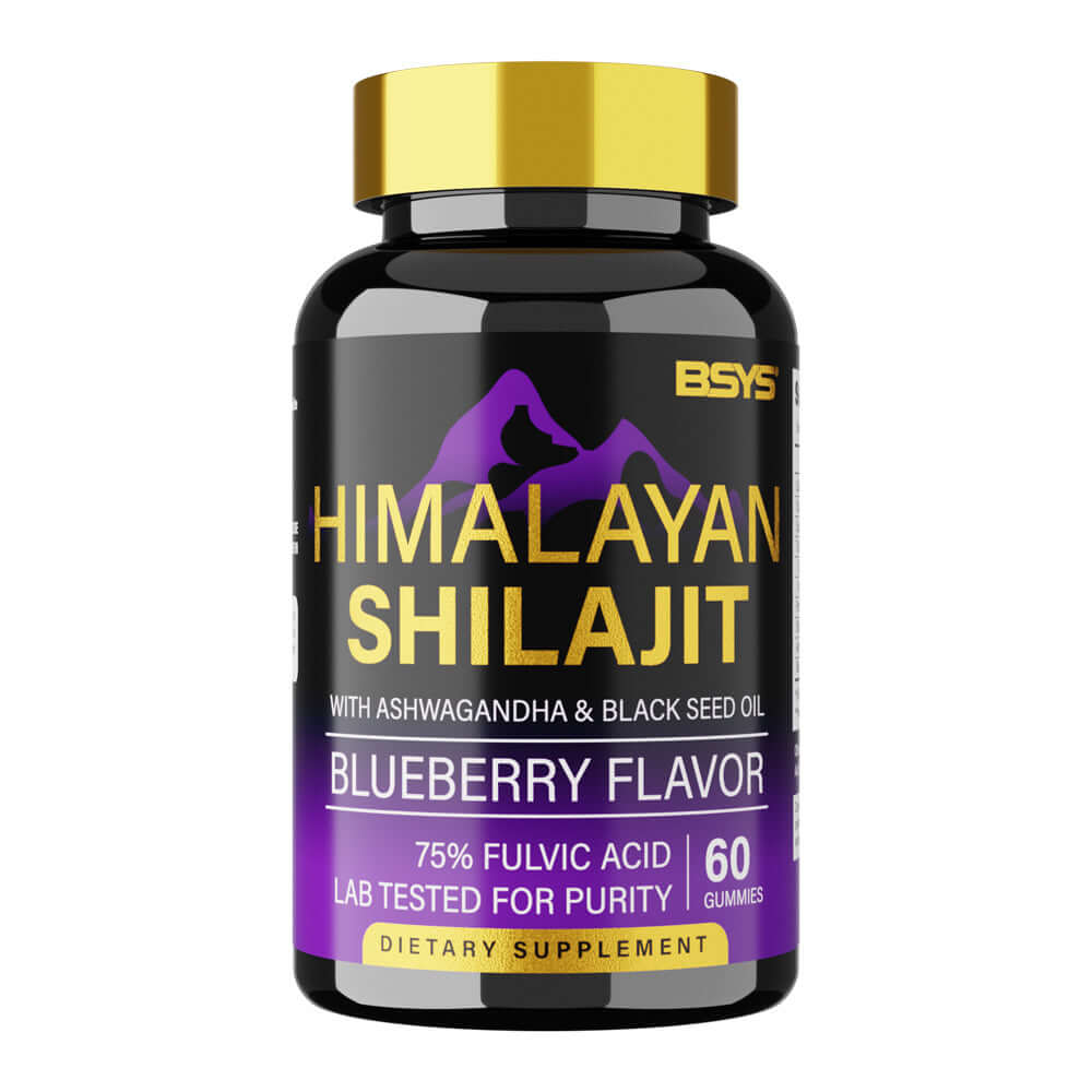 Himalayan Shilajit Gummies blueberry flavor bottle with ashwagandha and black seed oil, dietary supplement for wellness.