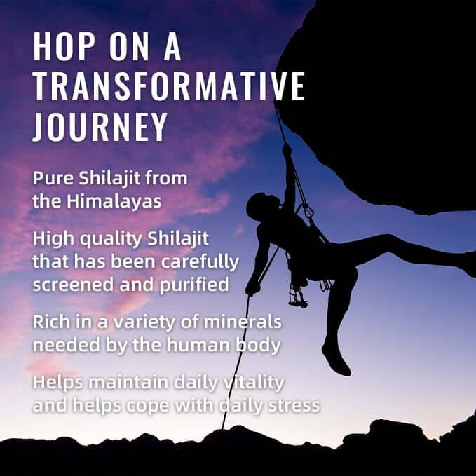 Silhouette of a climber with text about Pure Himalayan Shilajit benefits for vitality and stress relief.