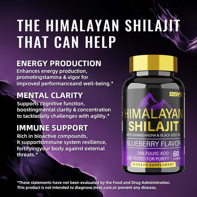 Himalayan Shilajit Gummies supplement bottle promoting energy, mental clarity, and immune support on a purple background.
