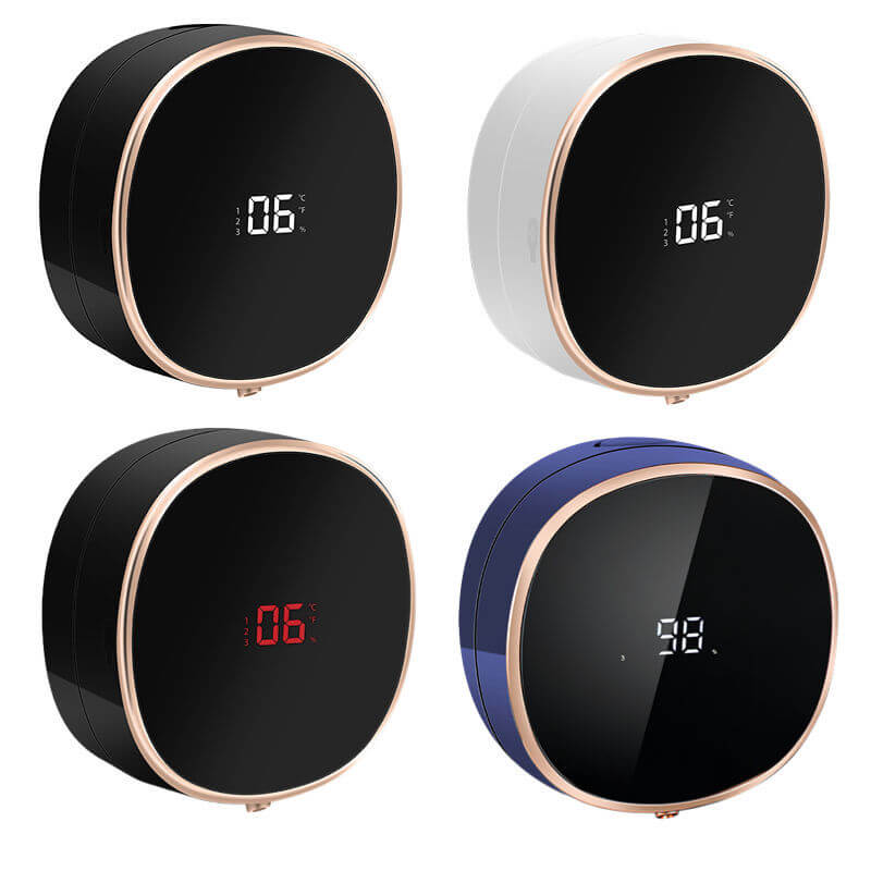 Digital alarm clocks in black, white, and blue with LED display for stylish timekeeping.