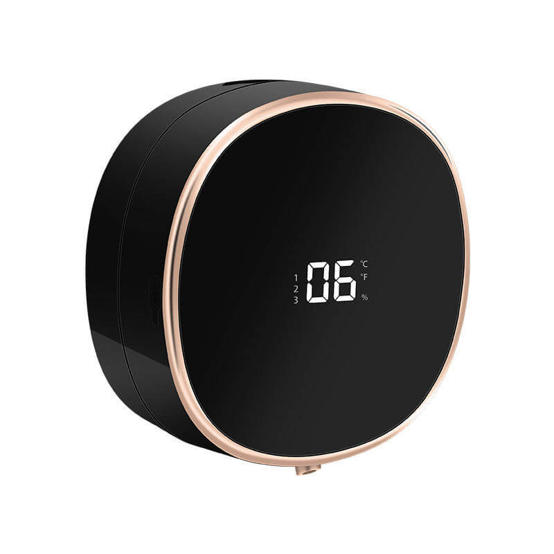 Sleek black and rose gold motion sensor soap dispenser with digital display for modern hygiene solutions.