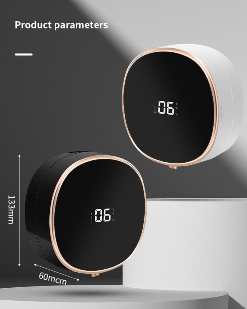 Two modern digital clocks, one black and one white, displayed with product parameters beside them.