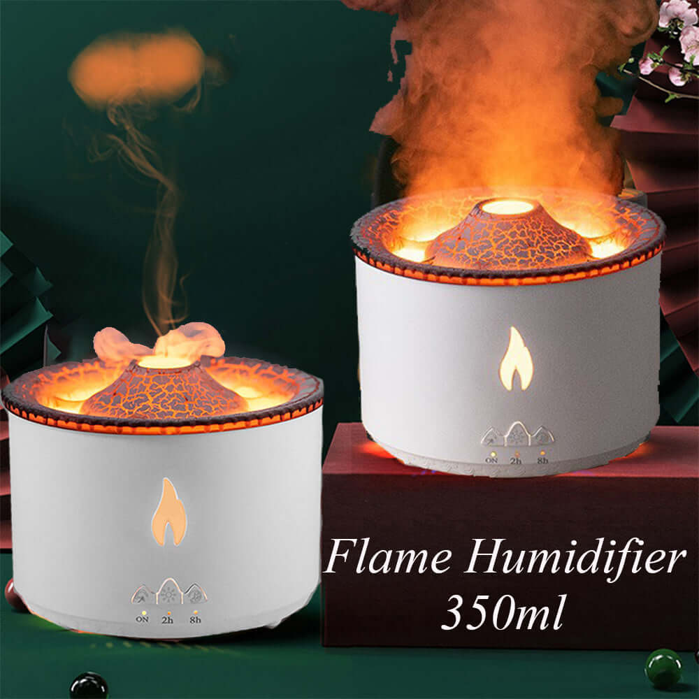 Volcano Air Humidifier with flame effect, 350ml capacity, enhancing air quality and ambiance with stylish design and aromatherapy.