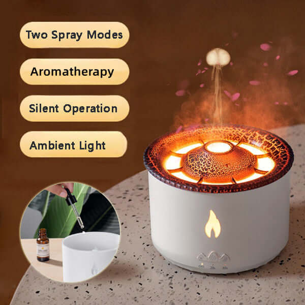 Volcano Air Humidifier with two spray modes, aromatherapy feature, silent operation, and ambient light, ideal for soothing spaces.