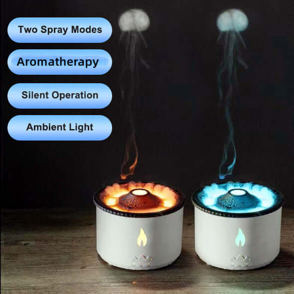 Volcano Air Humidifier with two spray modes, aromatherapy, silent operation, and ambient light features.