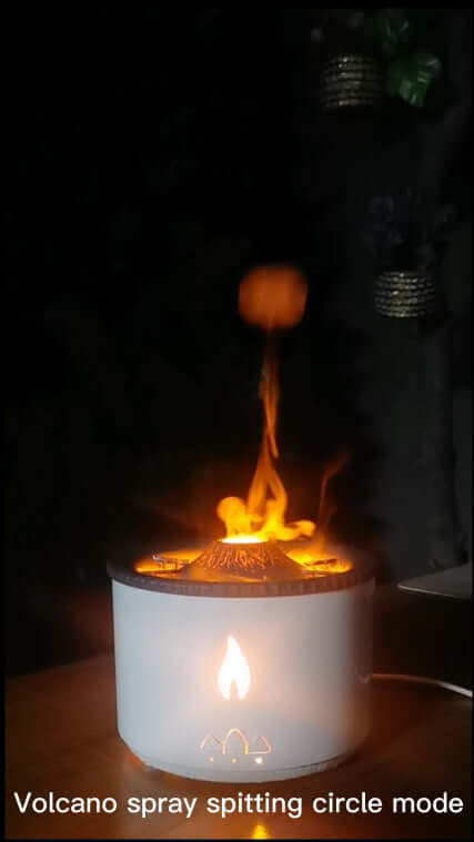 Volcano Air Humidifier emitting mesmerizing mist in a dark room, enhancing air quality and adding stylish decor to your space.