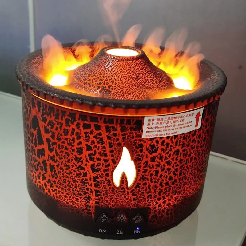 Volcano Air Humidifier emitting mist and ambient light, perfect for enhancing home decor and improving air quality