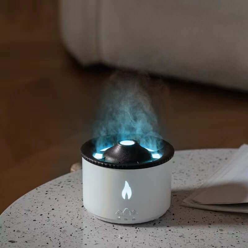 Stylish Volcano Air Humidifier emitting mist on a table, enhancing decor and air quality with aromatherapy benefits.