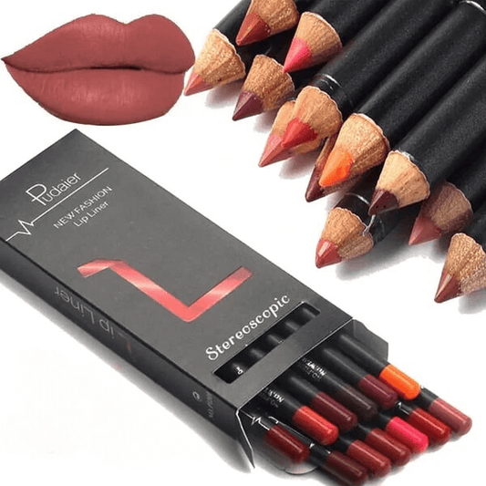 12 Colors Lip Liner Pencil set with nude matte, moisturizing, waterproof, and long-lasting shades for flawless lip makeup.