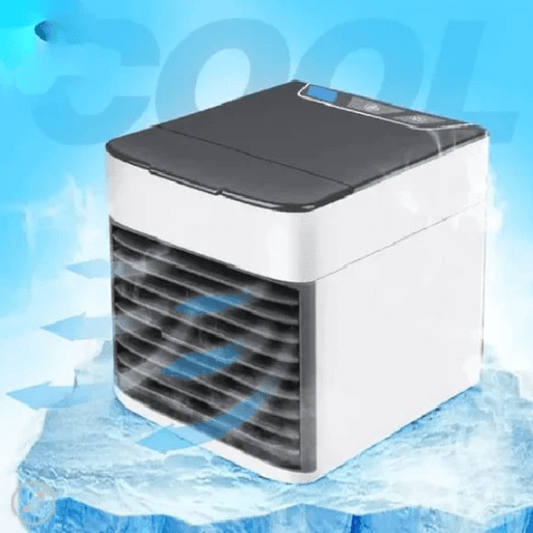 Compact portable air conditioner providing instant cooling relief indoors or outdoors with quiet and efficient operation.