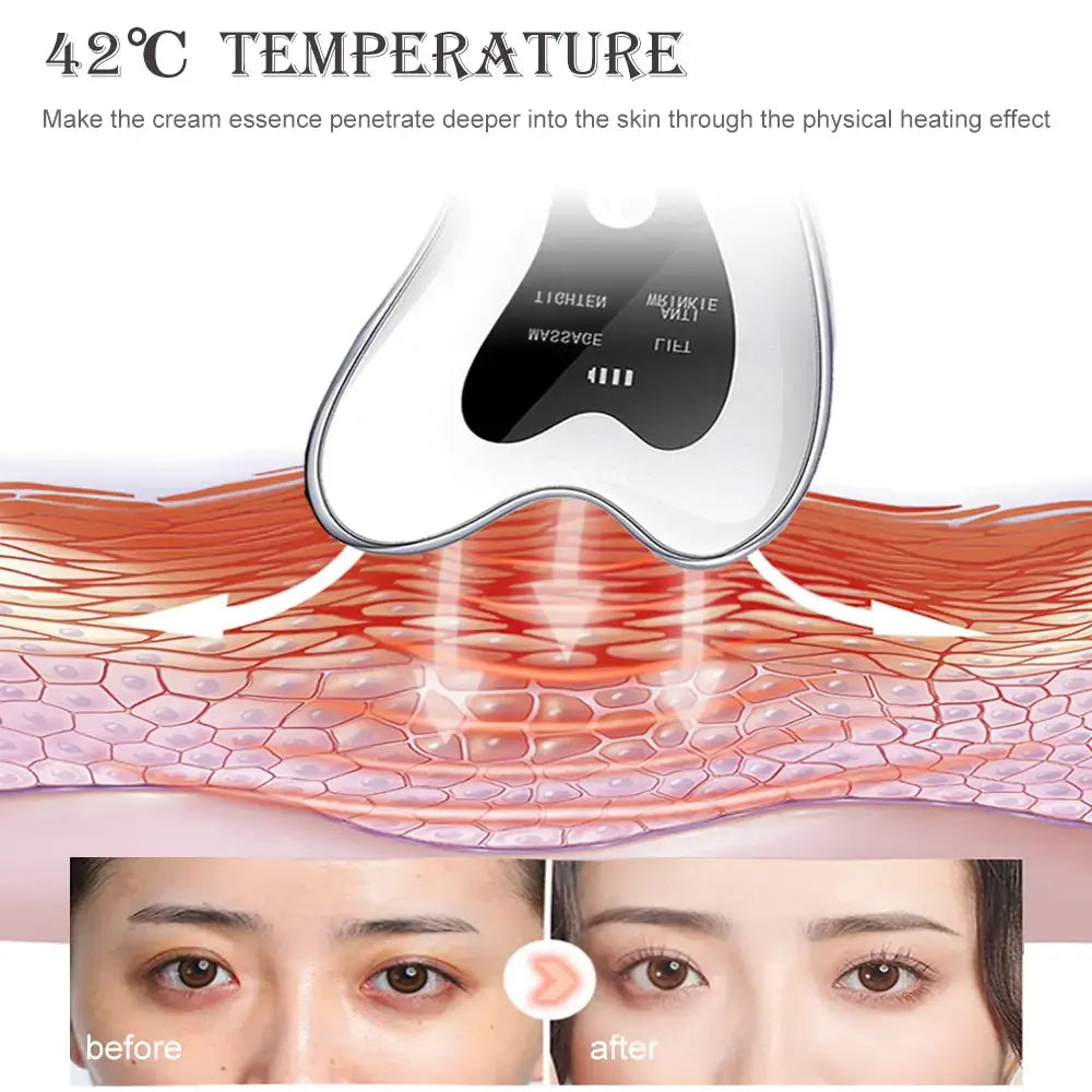 4-in-1 Facial Massage Skin Scraping LED Radio Frequency device for lifting, firming, and slimming with LED light therapy.