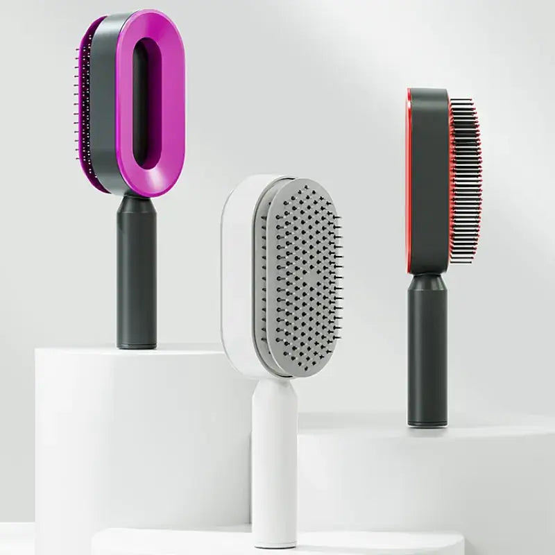 Self-cleaning hairbrush for women with airbag massage function, effortlessly detangling hair, leaving the brush fresh for every use.