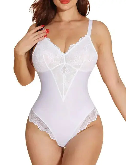 Lace shapewear bodysuit with delicate lace detailing, breathable fabric, adjustable straps, and targeted compression for a smooth, flattering fit.