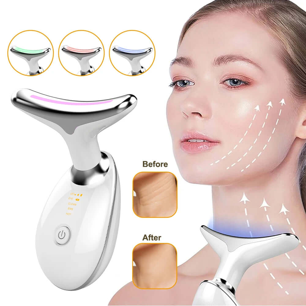 Neck Face Lifting Massager with EMS technology and LED therapy tightens skin, reduces wrinkles, and improves complexion.