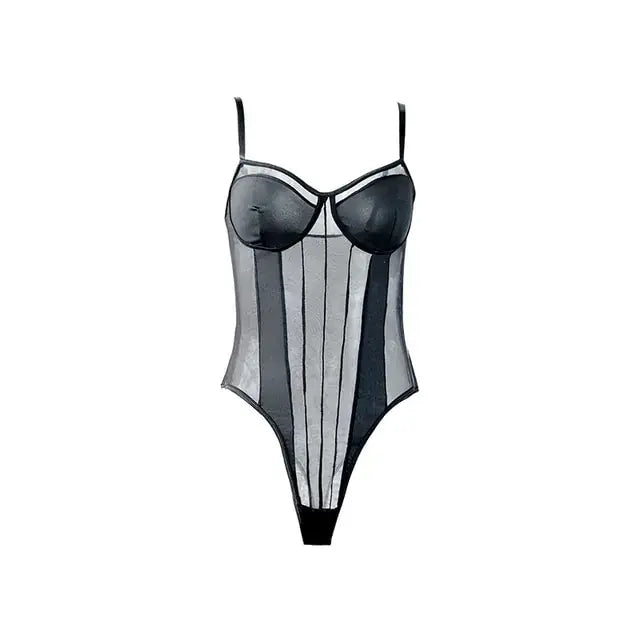 Deep V-neck see-through bodysuit shapewear, padded push-up bra, sculpting waist trainer, enhances curves with chic, sultry confidence.