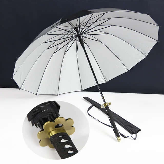 Samurai Sword Umbrella with windproof canopy and Katana-inspired handle for stylish, superior rain protection.