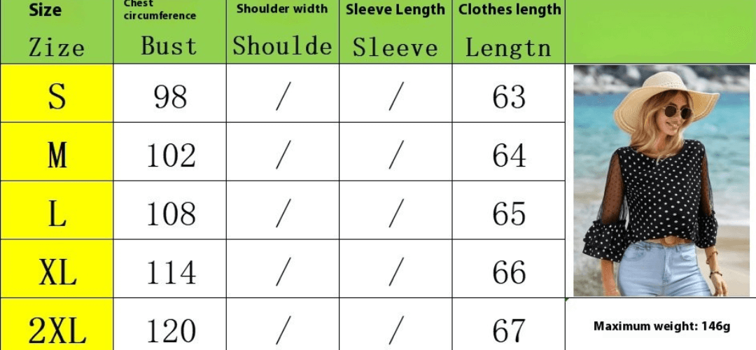 Size chart and woman wearing Black Polka Dot Sheer Blouse, showing bust and length measurements from S to 2XL.