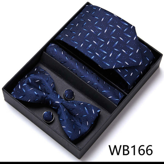 Business-Wedding Bow Tie Set in elegant blue pattern, perfect for formal events. Includes matching pocket square and cufflinks.
