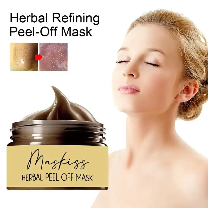 Herbal refining peel-off mask for exfoliating, detoxifying, and refining pores for smoother, radiant, and refreshed skin.