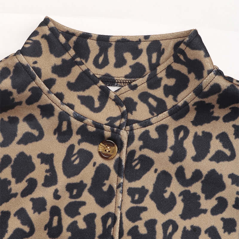 Chic Cheetah Print Coat with elegant leopard pattern on premium woolen fabric, showcasing button details for transitional weather.