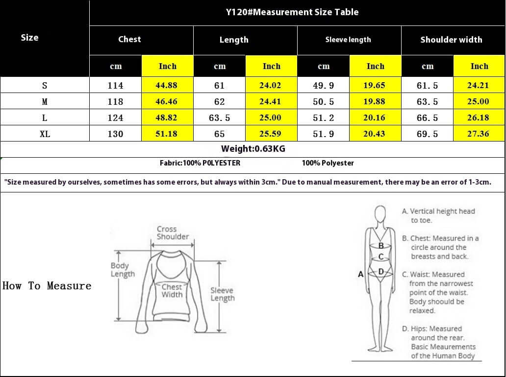 Measurement size table for a garment with chest, length, sleeve, and shoulder dimensions in cm and inches. Includes measuring guide.