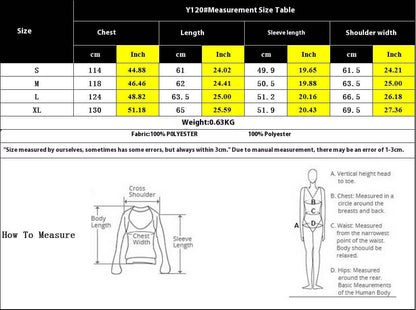 Measurement size table for a garment with chest, length, sleeve, and shoulder dimensions in cm and inches. Includes measuring guide.