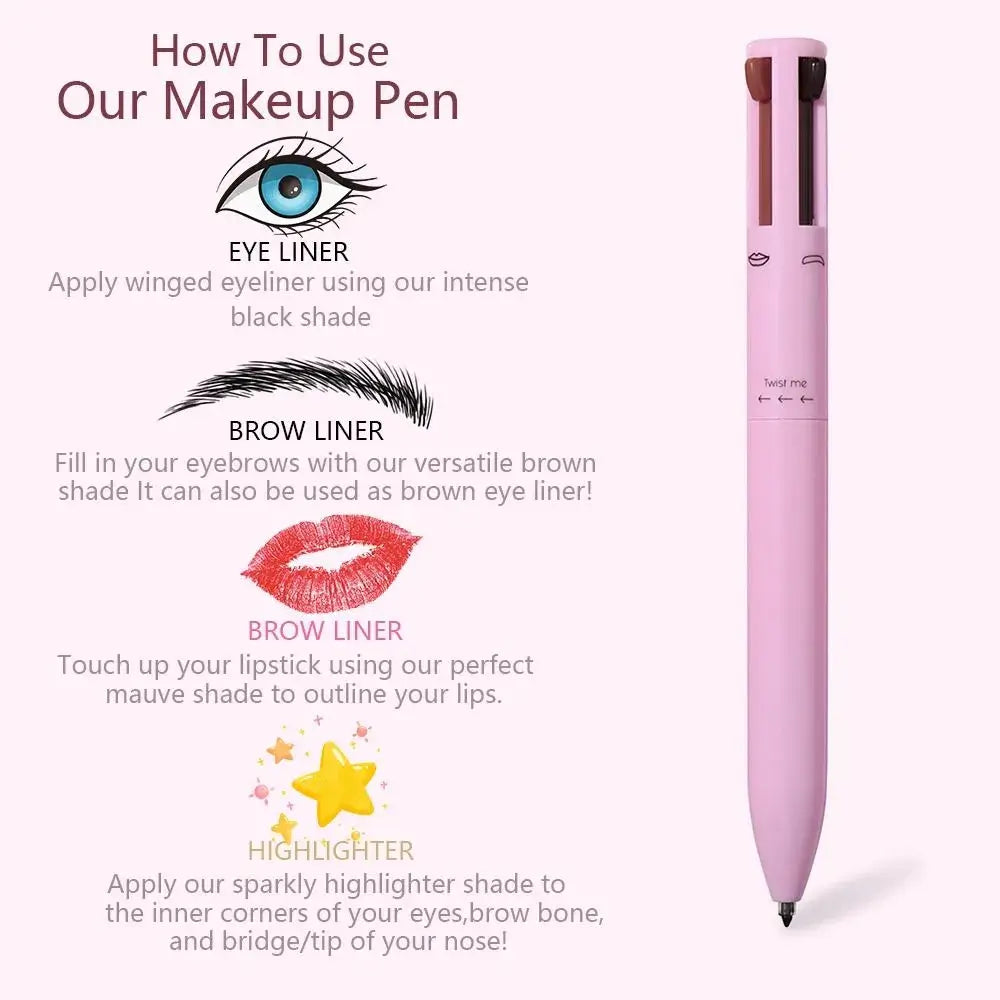 4-in-1 GlamPen for eyeliner, eyebrow pencil, lip liner, and highlighter, offering portable and effortless makeup application with a radiant glow.