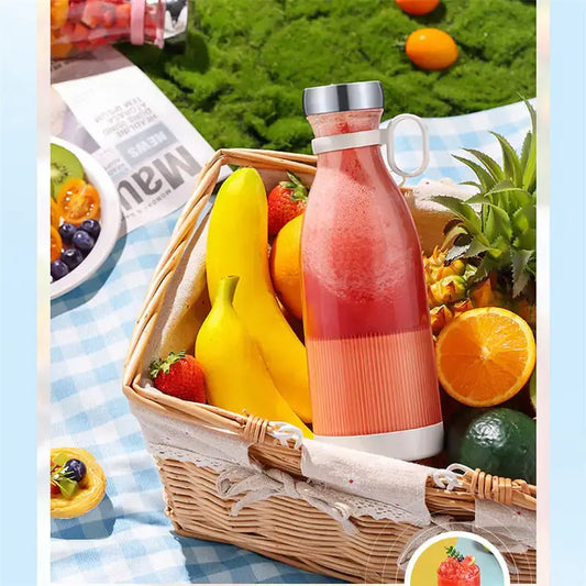 Portable juicer for fresh smoothies on-the-go, USB rechargeable, compact design, blends fruits and ice seamlessly.