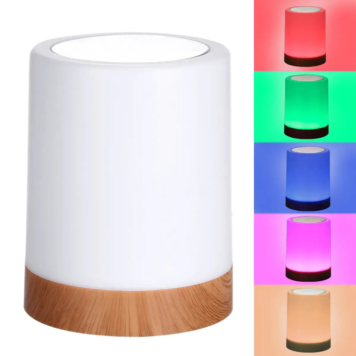 Customizable LED bedside light, multiple colors, brightness settings, built-in battery, intuitive touch controls.