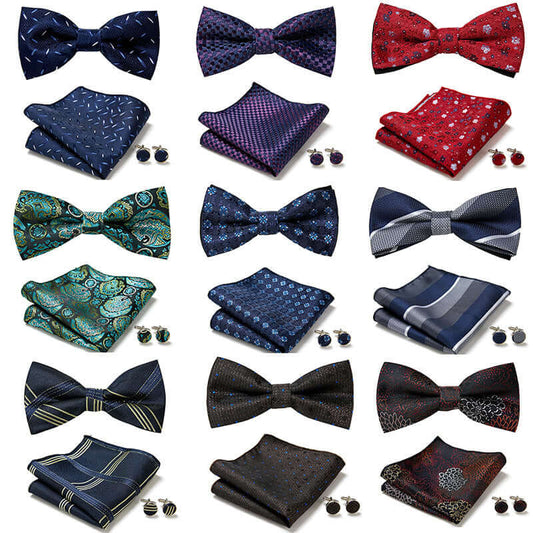Elegant bow tie and handkerchief set for weddings and business, featuring exquisite designs in various colors and styles.