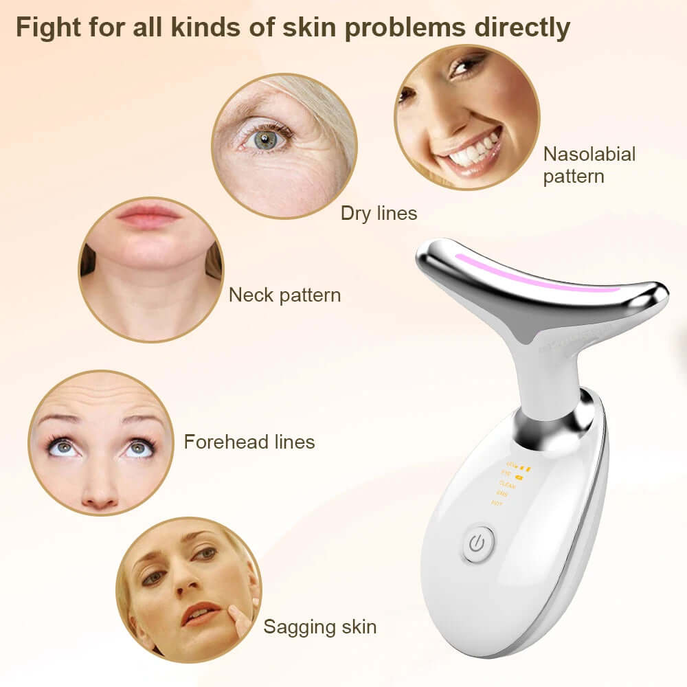 Neck Face Lifting Massager with EMS technology and LED therapy tightens skin, reduces wrinkles, and improves complexion.