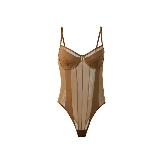 Deep V-neck see-through bodysuit shapewear, padded push-up bra, sculpting waist trainer, enhances curves with chic, sultry confidence.