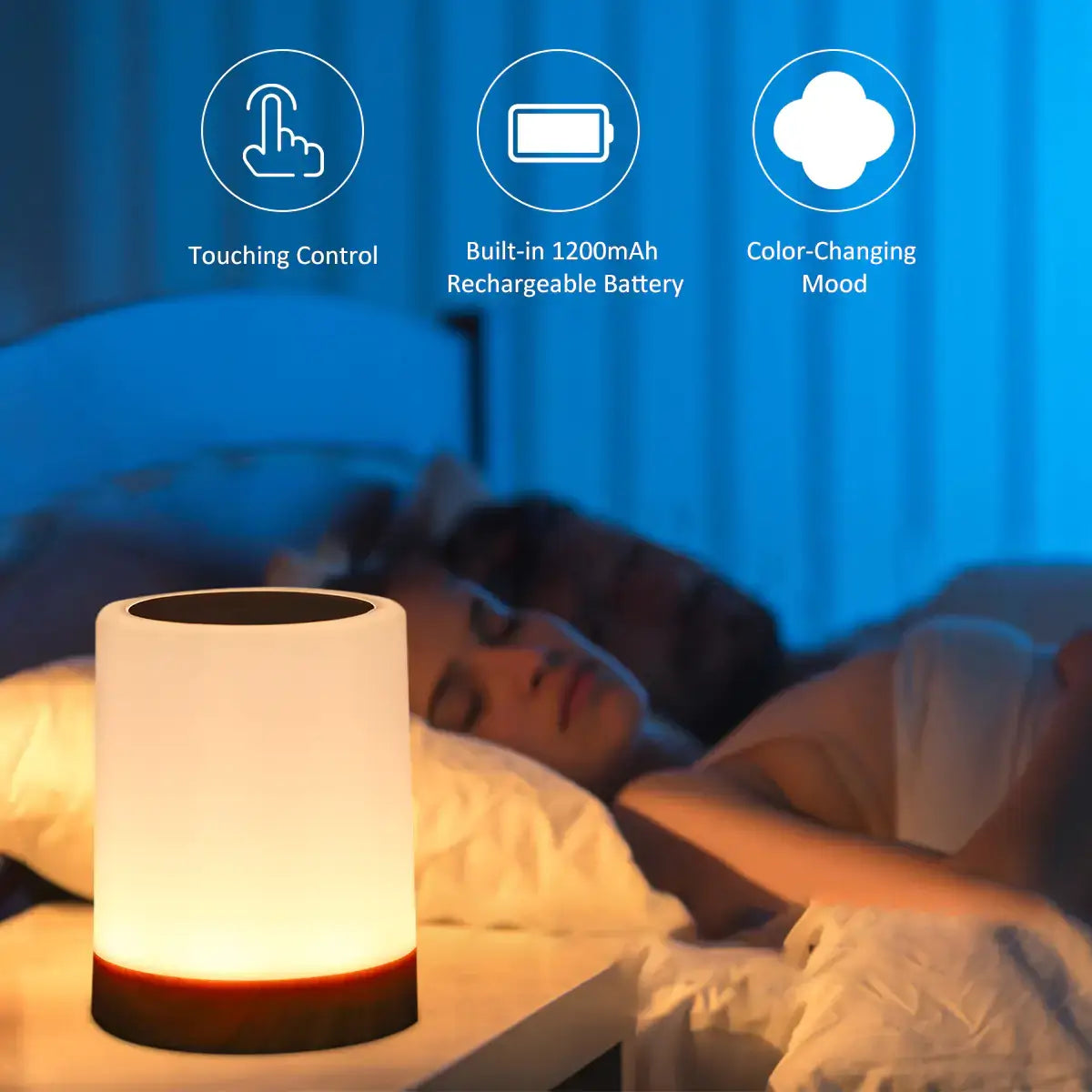 Customizable LED bedside light, multiple colors, brightness settings, built-in battery, intuitive touch controls.