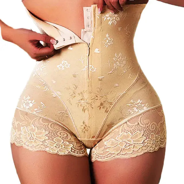 Sexy lace body shaper with zipper, contours curves, stylish lace detailing, enhances silhouette with comfort and confidence.