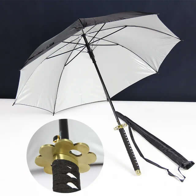 Samurai Sword Umbrella with windproof canopy and Katana-inspired handle for stylish, superior rain protection.