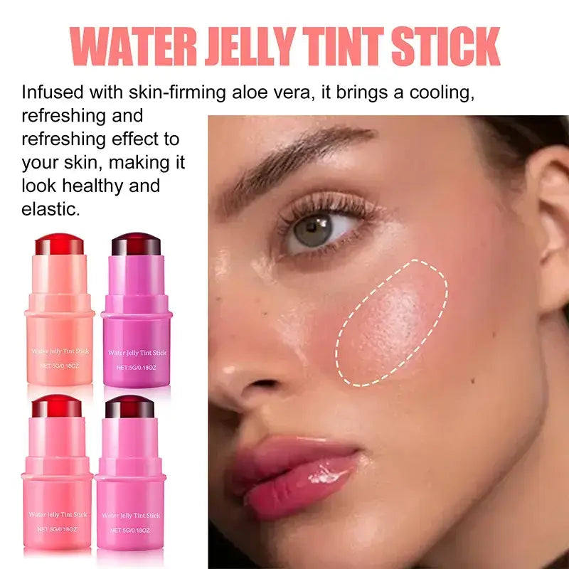 Water Jelly Tint Stick, multi-use for lips, cheeks, and eyes, moisturizing formula, long-lasting color, and skin-friendly.