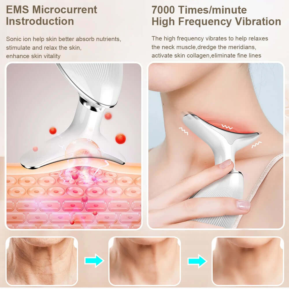 Neck Face Lifting Massager with EMS technology and LED therapy tightens skin, reduces wrinkles, and improves complexion.