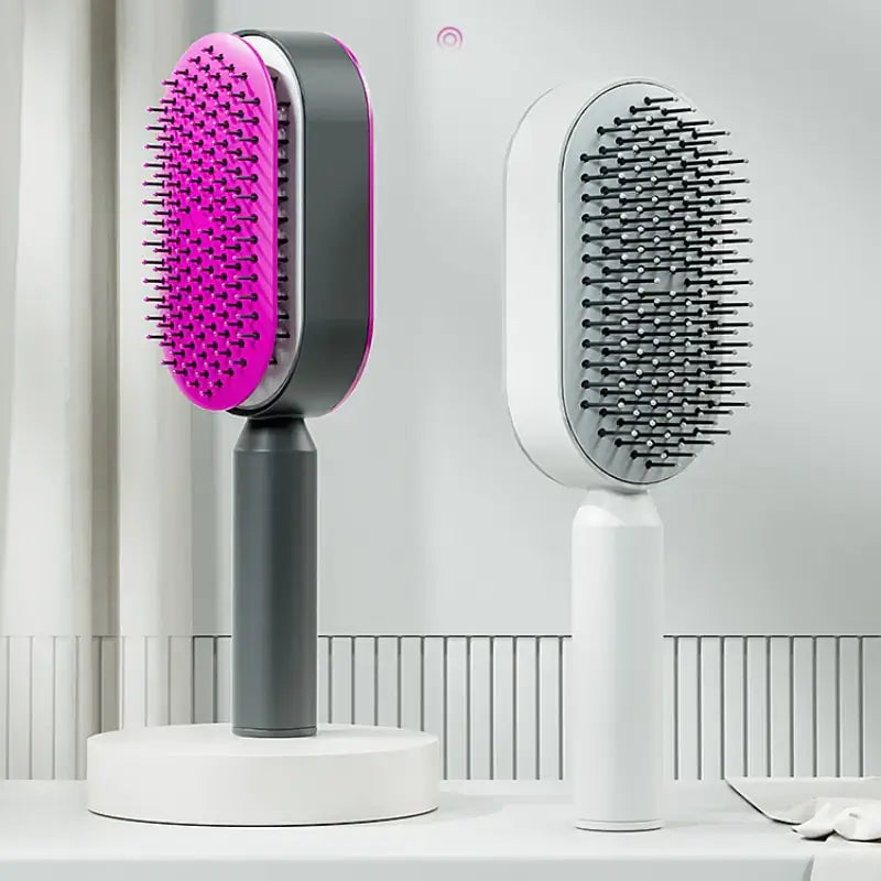 Self-cleaning hairbrush for women with airbag massage function, effortlessly detangling hair, leaving the brush fresh for every use.