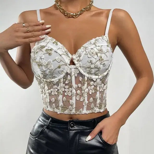 Women's velvet fashion corset top, backless mesh design, zip-back for easy wear, luxurious texture for a bold, confident look.