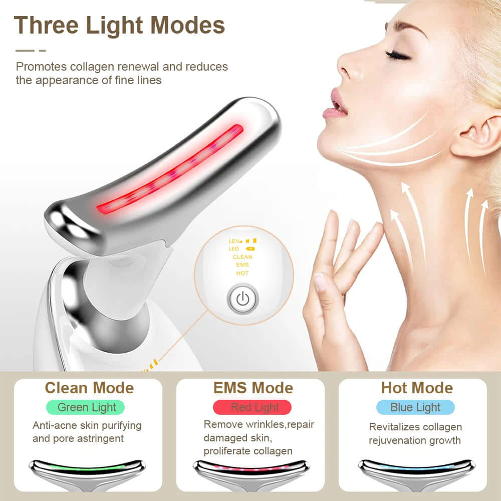 Neck Face Lifting Massager with EMS technology and LED therapy tightens skin, reduces wrinkles, and improves complexion.