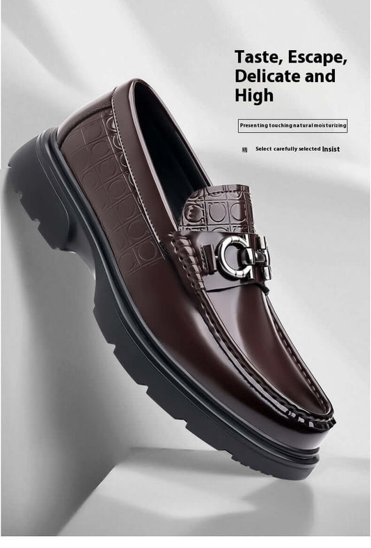 Luxury patent leather loafer in brown, featuring a sleek design with a metallic buckle, perfect for stylish and discerning gentlemen.
