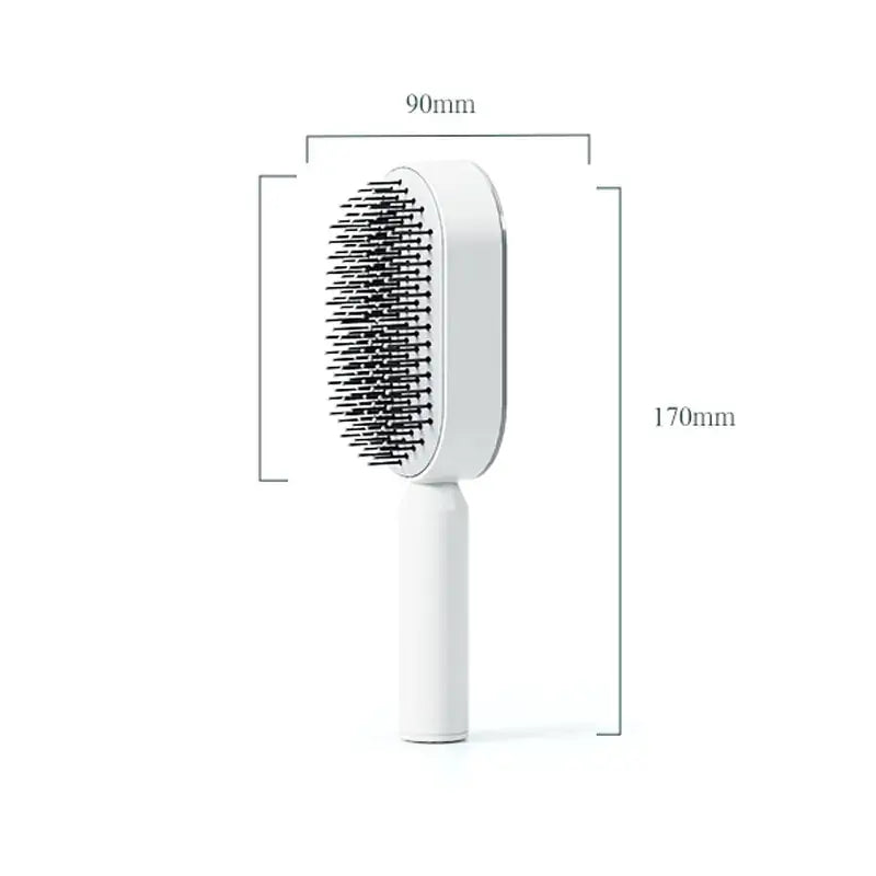 Self-cleaning hairbrush for women with airbag massage function, effortlessly detangling hair, leaving the brush fresh for every use.